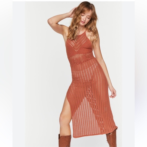 NWT Forever 21 Auburn Red Burnt Orange Crochet Halter Midi Dress Size Large - Picture 1 of 8